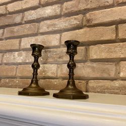 Vintage Brass CandleSticks Set Of 2, Made In India, Stepped Octagon Base, 5” Taper Candleholder, Classic Colonial Brass Decor