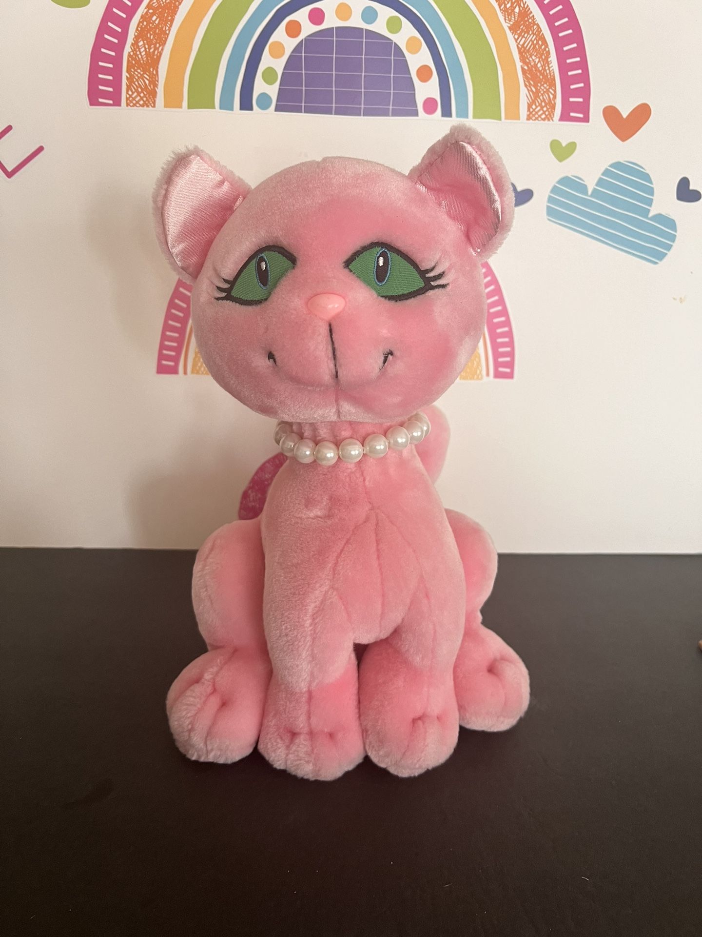 PINK PLUSH  CAT WITH HER FAUX  PEARL  NECKLACE !  12 INCHES 