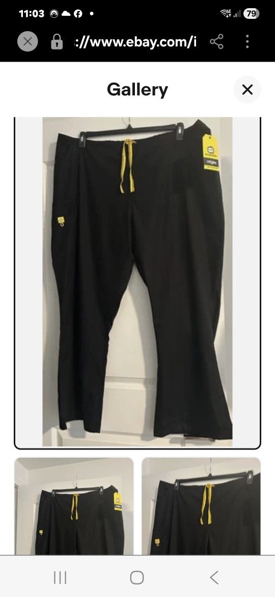 Wonder Wink Scrub Pants Black/Yellow Trim Drawstring Elastic Back 