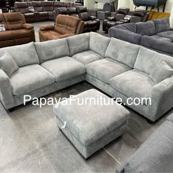 NEW! Light Grey Sectional Sofa And Ottoman, Sectionals, Sofa, Couch, Grey Couch, Grey Sofa, L-Shaped Sofa, Plush Sectional Couch, Living Room Sofa.