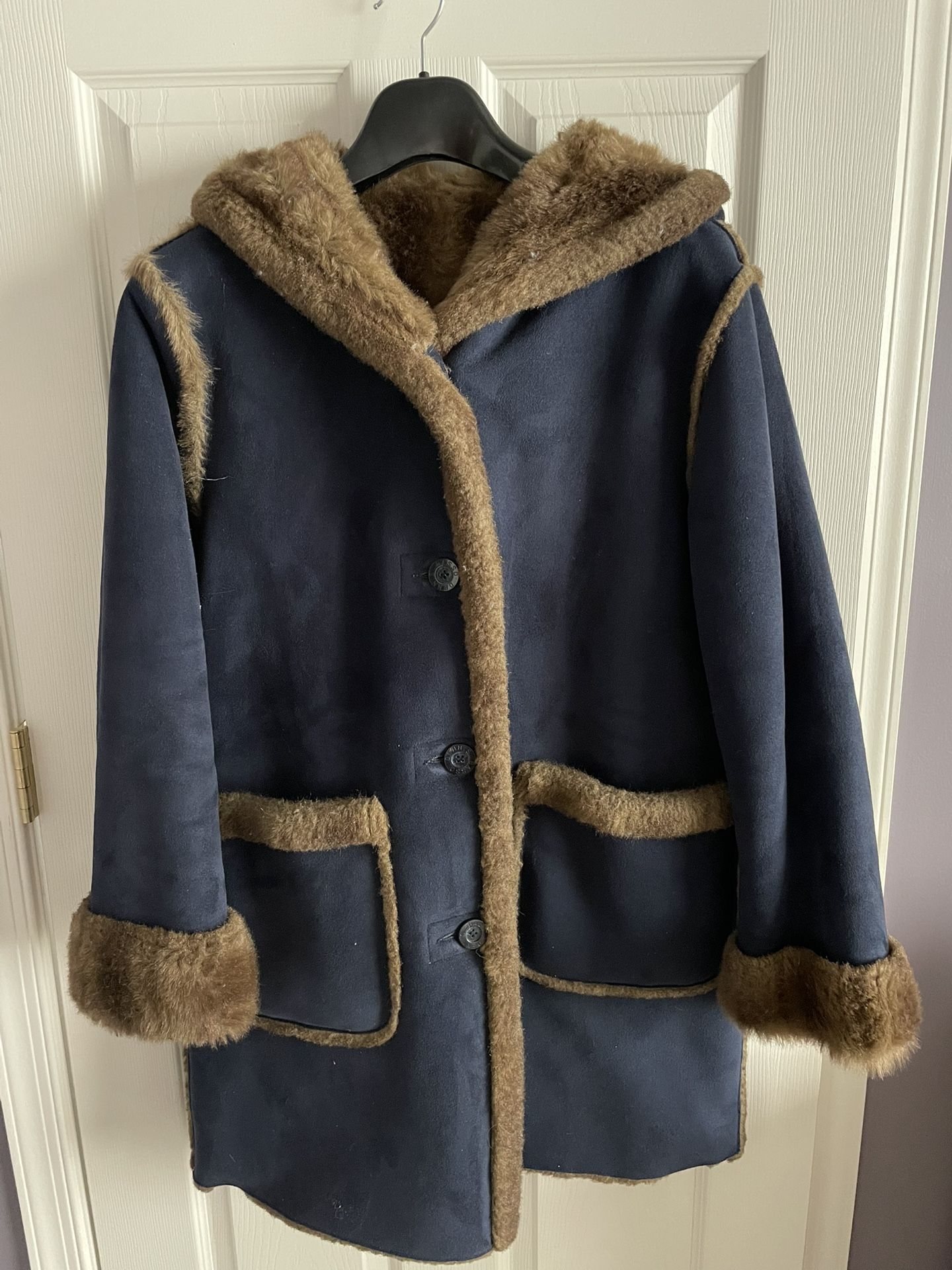 Womens Reversible Dennis Basso Navy Blue Suede Fur Coat For Women