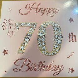 70th birthday party decorations, pink banners, balloon holders, boxes,tiara sash, Rose Gold