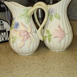 1-Fitz & Floyd Taiwan Floral Woodland Majolica Porcelain Pitcher Urn 10" Vintage