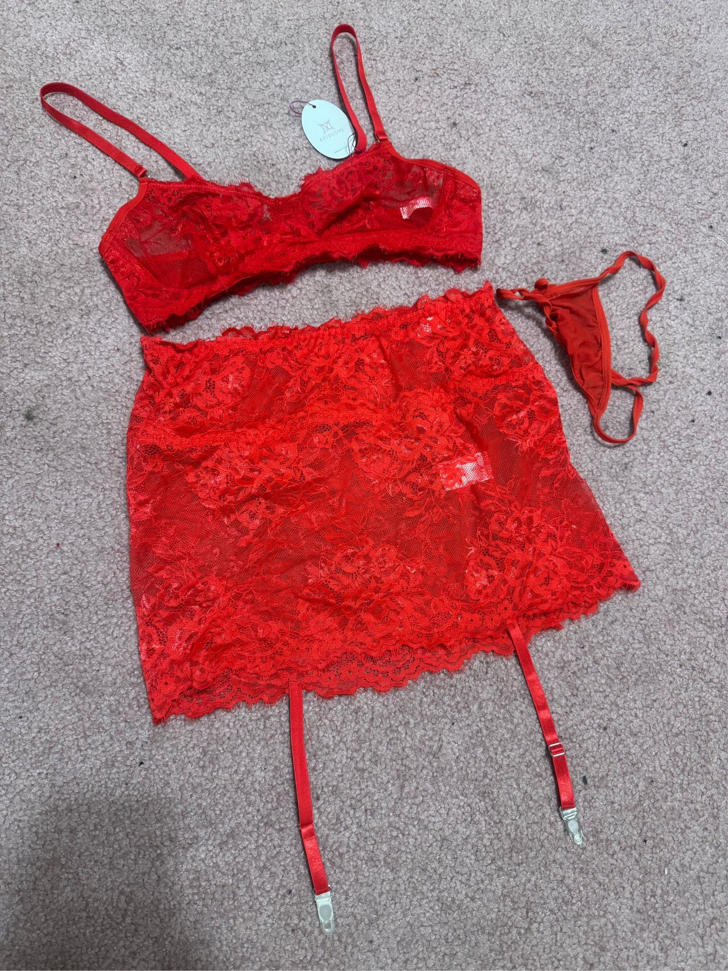 New Small Red Lace Lingerie Set Skirt Bralette Panty 