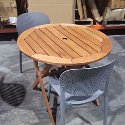 BRAND NEW BISTRO TABLE 35" WITH 2 RECYCLED RESIN STACKABLE CHAIRS