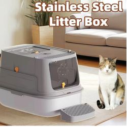 Cat Litter Box with Lid, with Pedal, Easy to Clean, for Small, Medium, and Large Cats (Grey)
