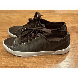Michael Kors Brown Signature MK Logo Leather Sneaker Tennis Shoes Gold Size 6.5M