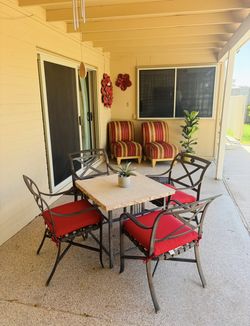 Matching Patio Set Table and Chairs Brand New Sunbrella Cushions, Pub Chairs, Metal Artwork
