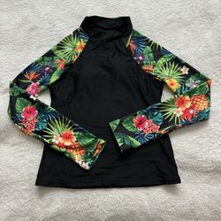 womens swimming top long sleeve sz small black / green floral padded summer beach pool NWOT