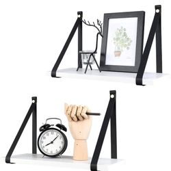 New White Floating Shelves Wall PU Leather Strap for Bathroom Bedroom, Living Room, Kitchen, Set of 2 Solid Wood Hanging Plant Shelf Over Toilet, Mode