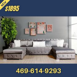 Velvet Double Chaise Sectional With Pillows 