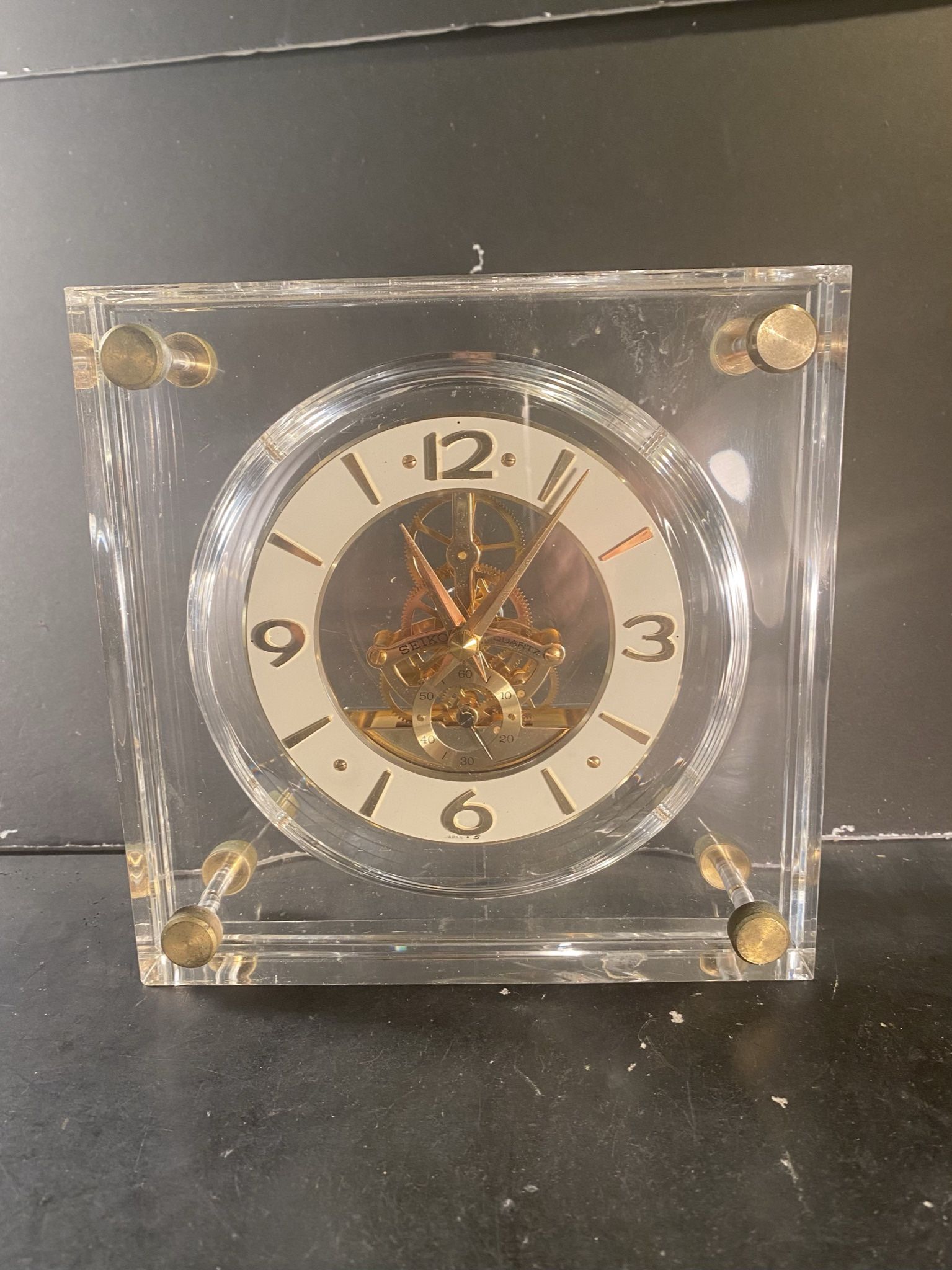 SEIKO Vintage Brass/Acrylic Lucite Skeleton Quartz Table Clock (Height: 7”)