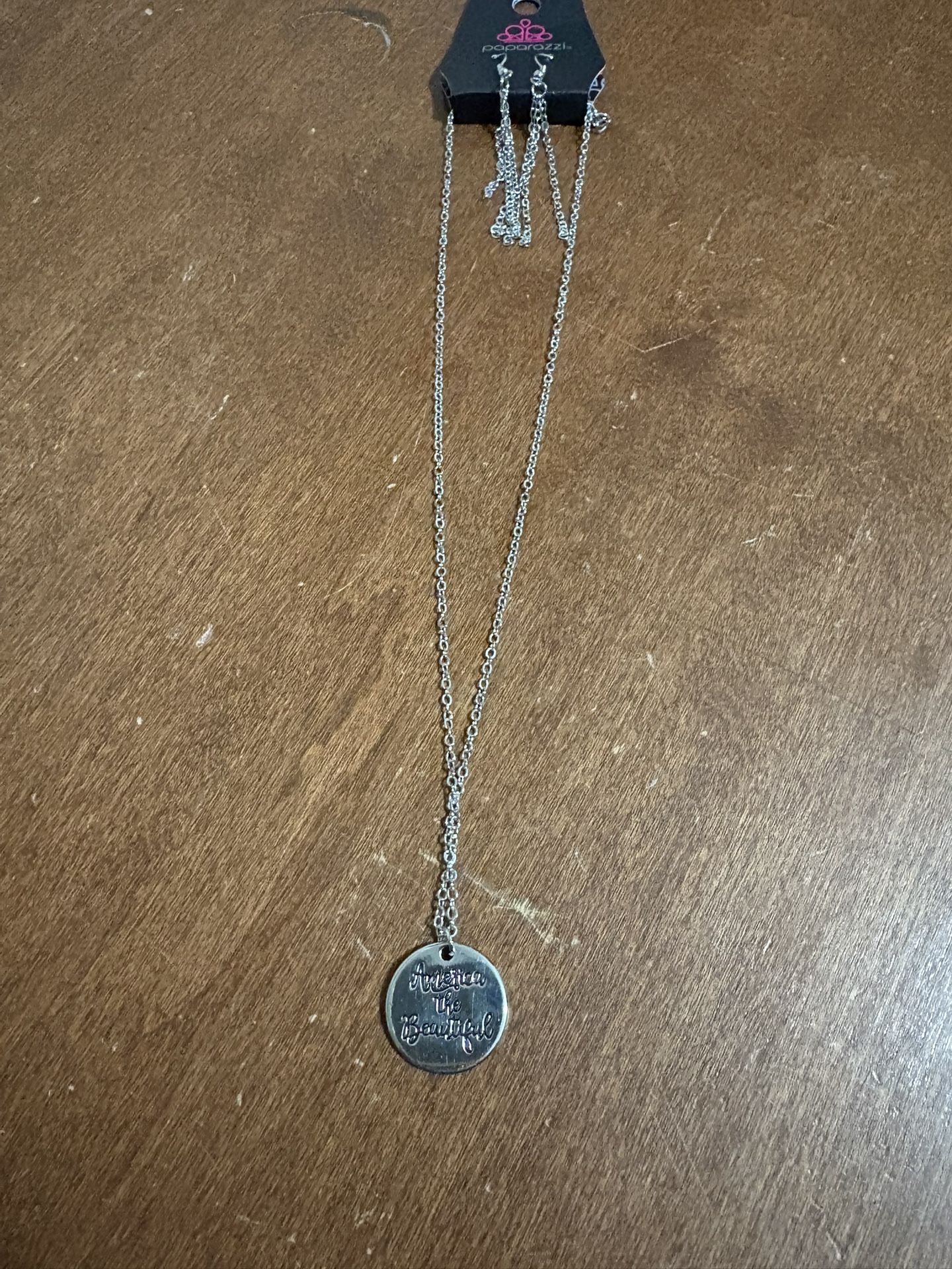 Paparazzi Silver Necklace w/ America the Beautiful Pendant & chain earrings Set NWT
