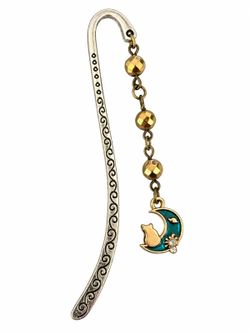 Teal Moon & Cat Beaded Metal Bookmark | bookmark | bookmarks | books | book accessories