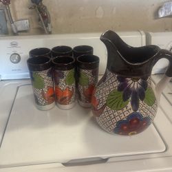 Beautiful For Your Summer Beverages Large Pitcher And 6 Matching Glasses Good Condition $15 Cash 