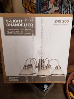 5-Light Chandelier in Nickel with Frosted Ribbed Glass Shades