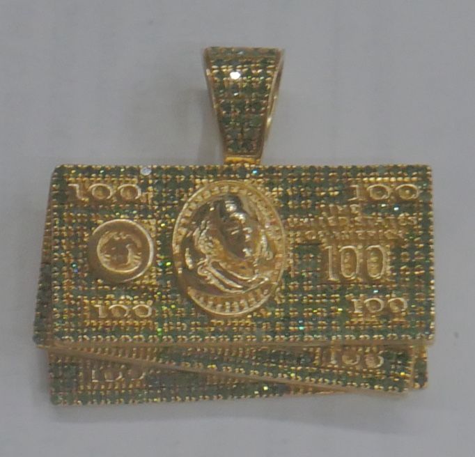 1Okt yellow gold 100 dollar bill 10.1 grams with 1 carat micro pave green diamonds 877932-2