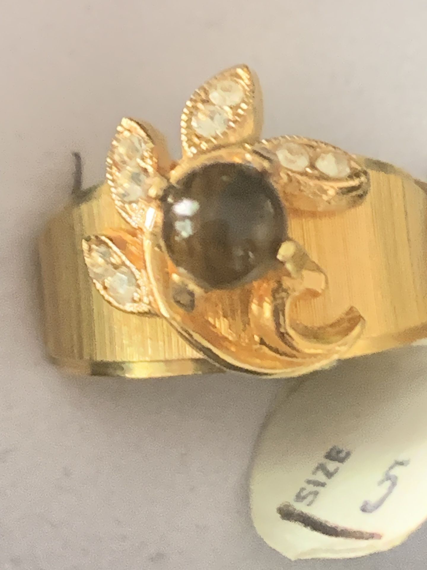 14k Heavy Gold Electroplated Ring W/ Tigers Eye And Clear Stones Sz. 5