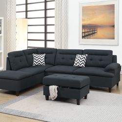 3-Piece Sectional Set W/ Ottoman Left Facing Chaise Sectional Set W/ Ottoman-Black