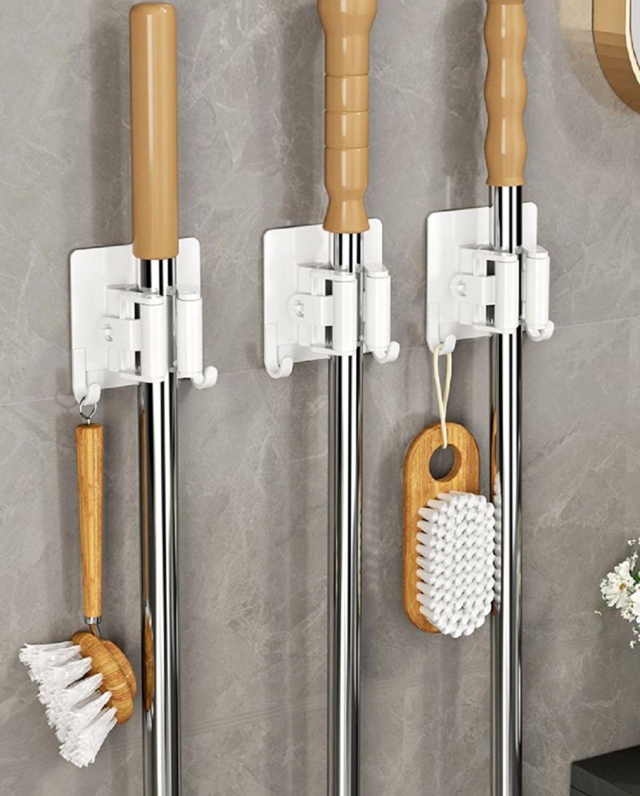3 Pcs Self-Adhesive Broom & Mop Holder-Multi-Use Broom Gripper with Two Hooks