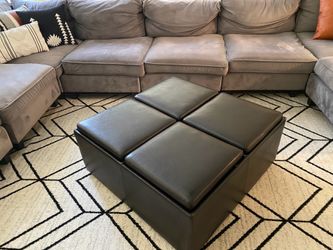 Leather Storage Ottoman w/ Flip-Top Trays & Wheels