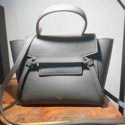 Elephant Gray, Leather Shoulder Bag. Gold Hardware 18cm 