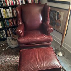 Ethan Allen leather wingback chair and ottoman
