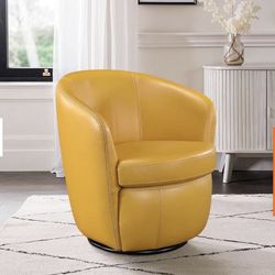 2 Genevieve Yellow Leather Upholstery Swivel Arm Chairs