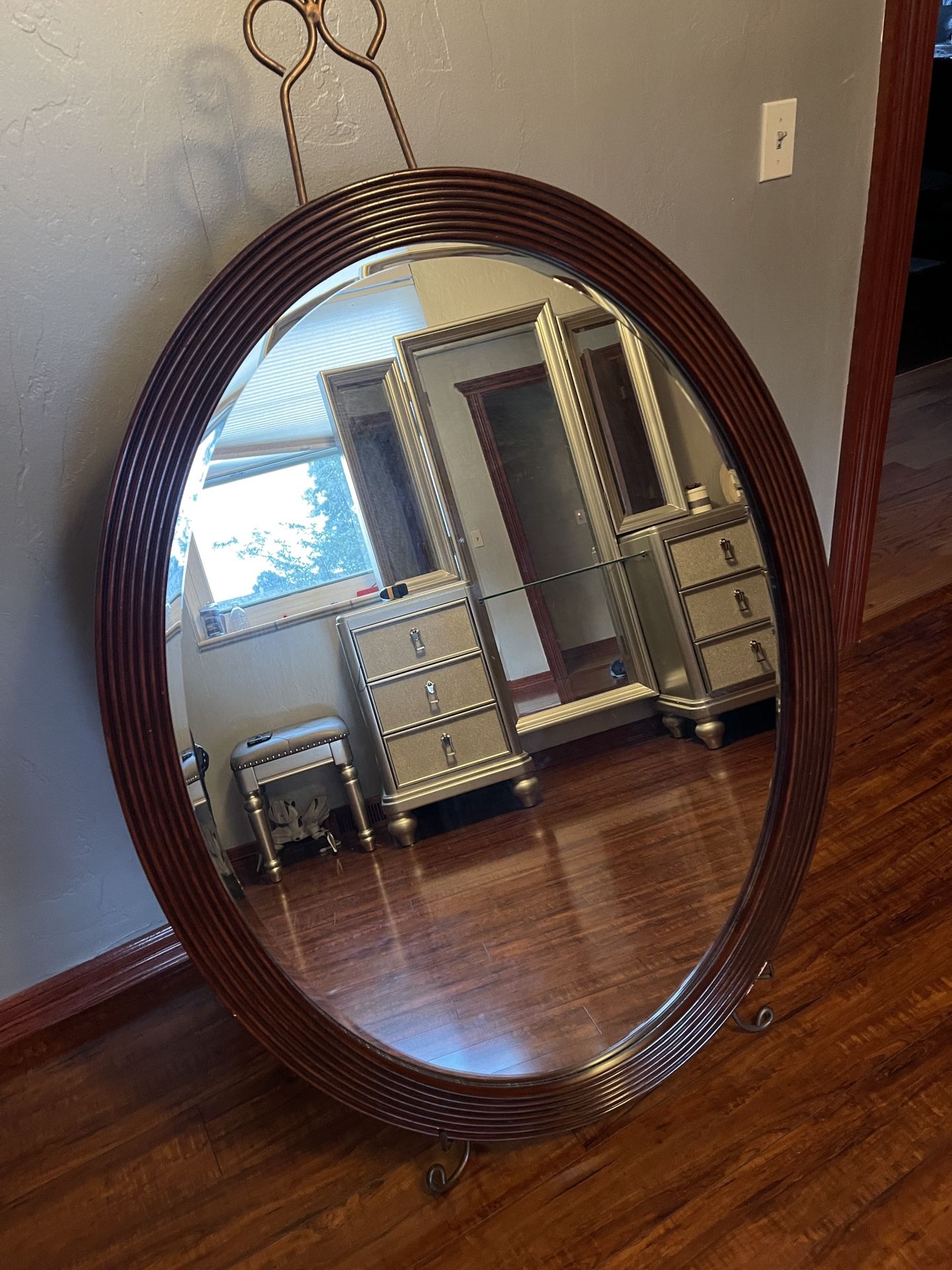 Big Mirror In Wood Frame With The Iron Stand In Perfect Condition