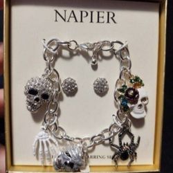 New Napier Gothic Skull Halloween Charm Bracelet & Earrings Jewelry Set