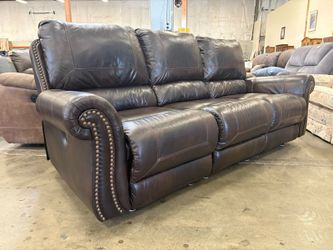 Brown Leather Dual Power Recliner Sofa with Nailhead Trim