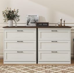 Set of 2, 3 Drawer Dresser for Bedroom, White oak Dresser Chest Farmhouse Wood Dresser with Vintage Handle, Modern Small Dressers Storage Organizer