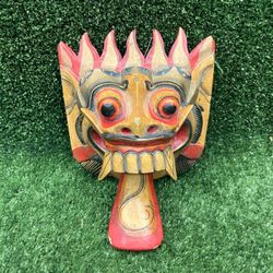 Balinese Rangda Demon Mask Hand Carved Painted Wood Wall Hanging Folk Art