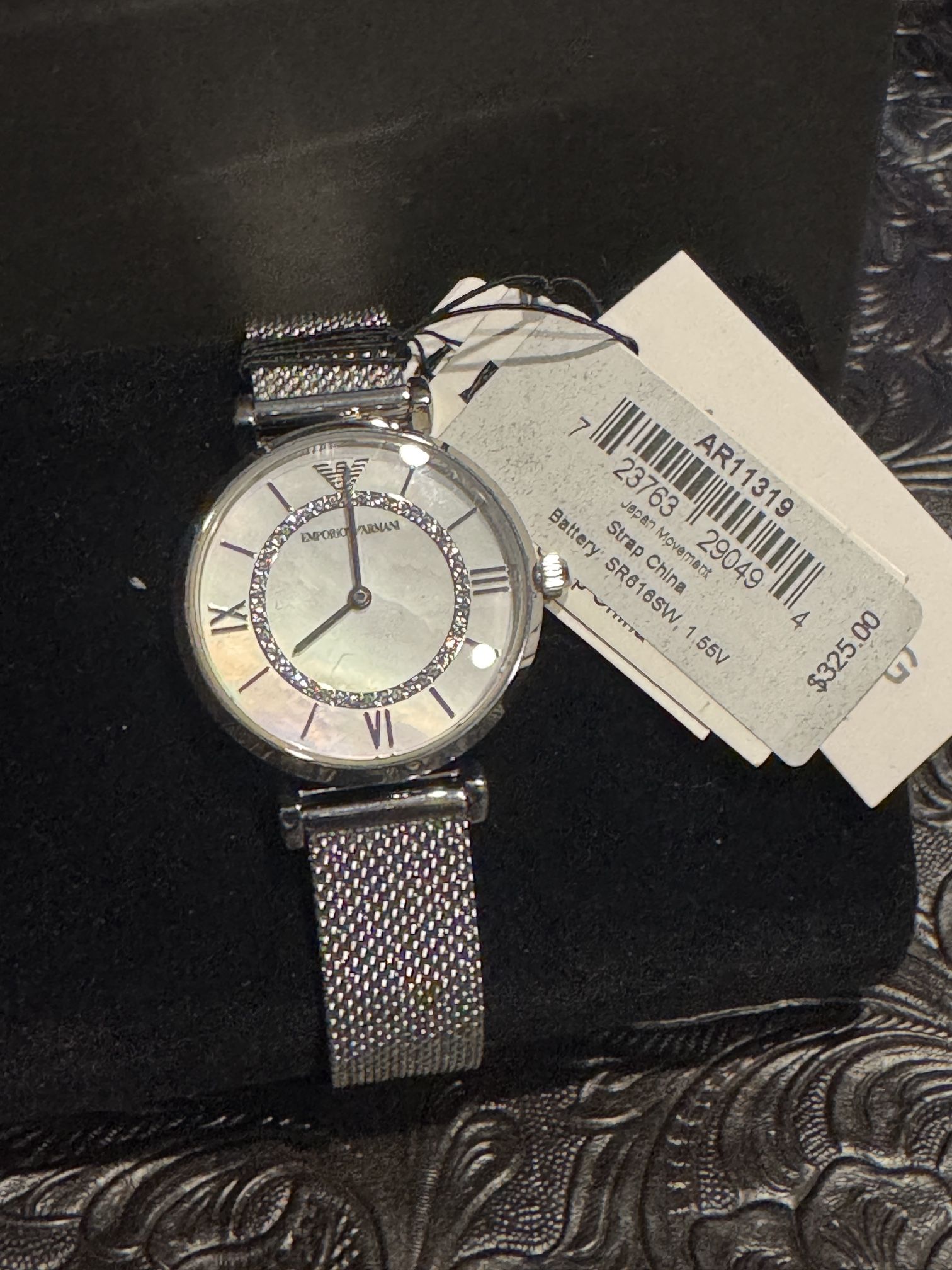 EMPORIO ARMANI AR11319 MOP GLITZ DIAL SILVER MESH BAND WOMENS WATCH