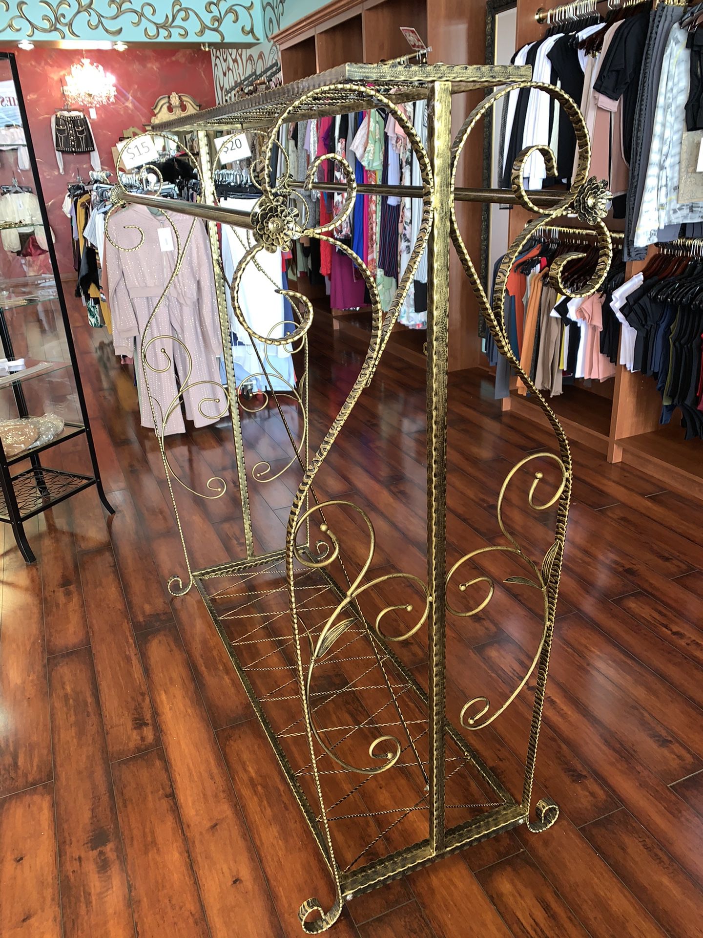 Clothing rack retail boutique fixture gold bronze