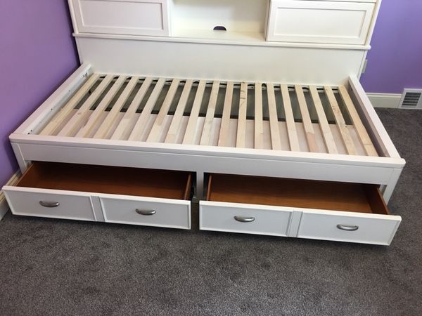 White Twin Bed With Sliding Door Bookcase And 2 Under Storage White Twin Bed With Sliding Door Bookcase And 2 Under Storage Drawers