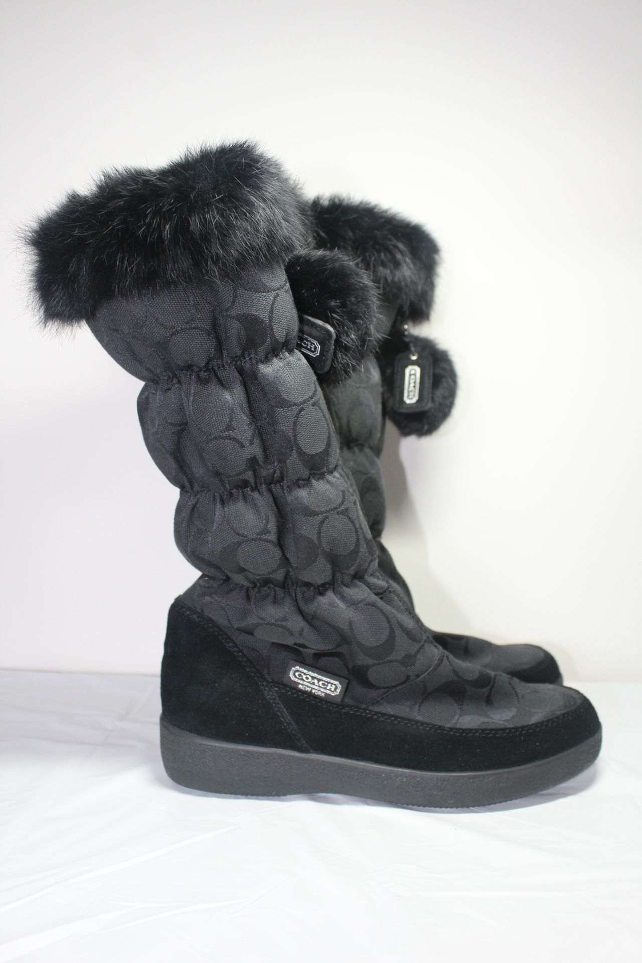 Coach Women’s Black Theona Signature Jacquard Rabbit Fur Boots Size 7