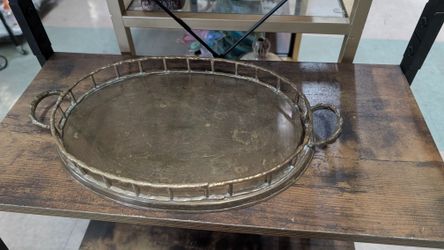 Vintage Brass Tone Oval Serving Tray with Handles Decorative Metal Display