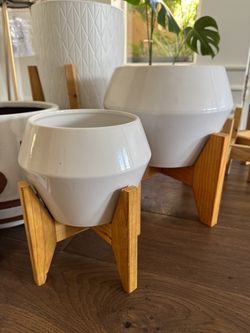 Set of 2 Modern White Ceramic Planters with Wood Stands