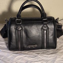 Ed Hardy Black Vegan Leather Satchel Purse 