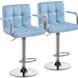 Set of 2 PU Leather Swivel Stools Adjustable Bar Stools Kitchen Chairs with Large Steel Pedestal Base Backrests Footrest for Living Room Dining Room B