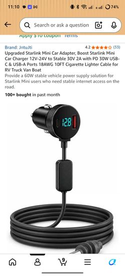 Upgraded Starlink Mini Car Adapter, Boost Starlink Mini Car Charger 12V-24V to Stable 30V 2A with PD 30W USB-C & USB-A Ports 18AWG 10FT Cigarette Ligh