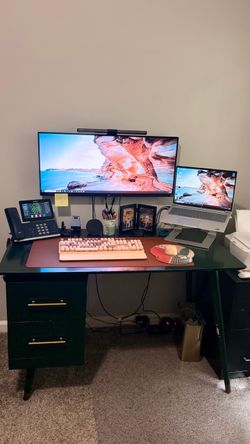 Green Two-Drawer Office Desk with Gold Hardware