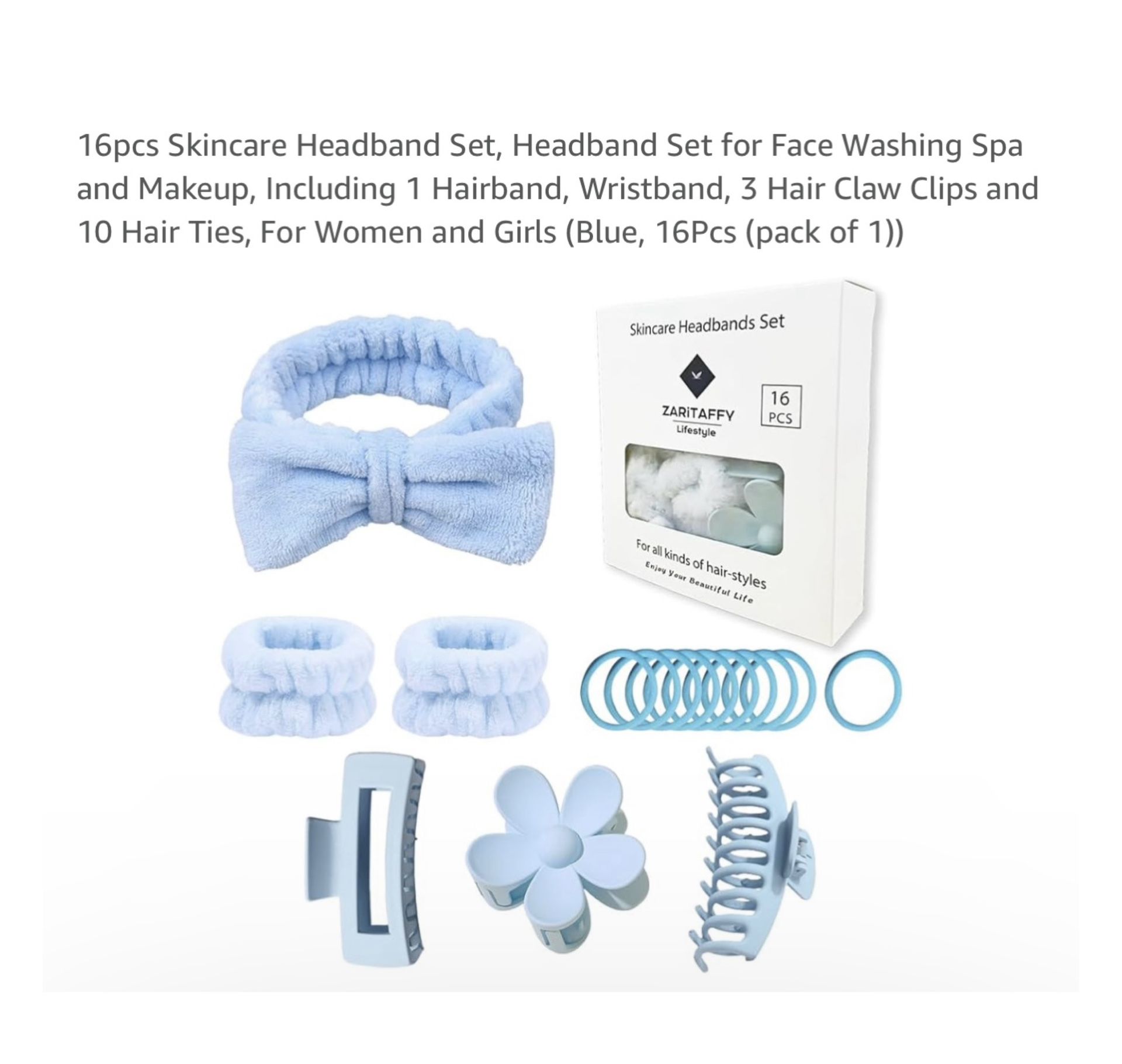 Brand new 16pcs Skincare Headband Set, Headband Set for Face Washing Spa and Makeup, Including 1 Hairband, Wristband, 3 Hair Claw Clips and 10 Hair Ti