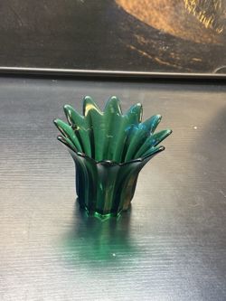 Vintage Emerald Green Glass Spiked Petal Rim Vase Votive Candle Holder 6"