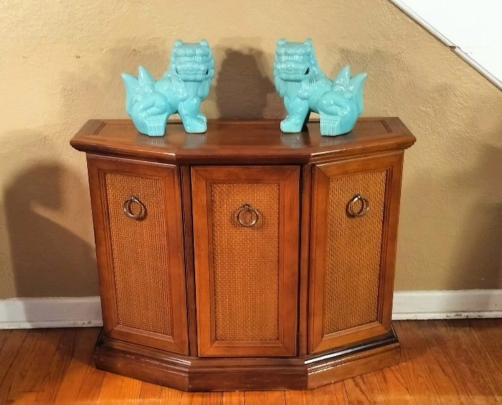 Vintage Mid Century American Made Multipurpose Console Cabinet Having Weave Cane Webbing with Brass Pulls