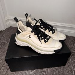 Channel White black Leather & Fabric Cc Low Top