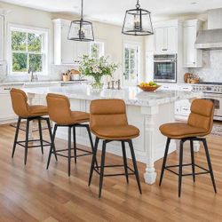 26 in. Light Brown Faux Leather Metal Frame Double-layer Cushioned Swivel Bar Stool With Footrest (Set Of 4)