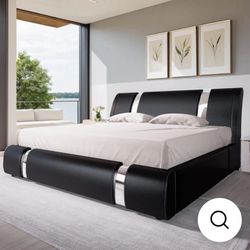 $250 - King Bed Frame, Iron Piece Decor, Faux Leather Upholstered Platform Bed w/Headboard & Strong Wooden Slats, No Box Spring Needed-Out of Box (NEW