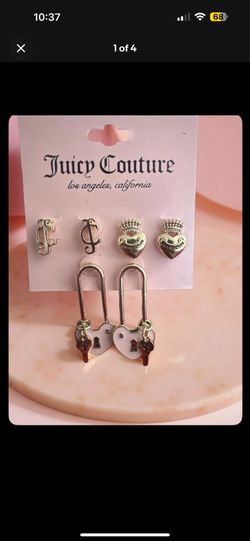 Juicy Couture 3 Pair Earring Set Gold JCHeart Tiara Pink Lock Key Coquette
